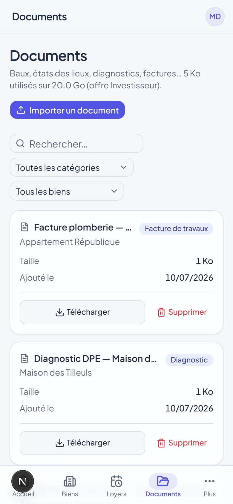 Documents Bailup sur téléphone, classés par catégorie