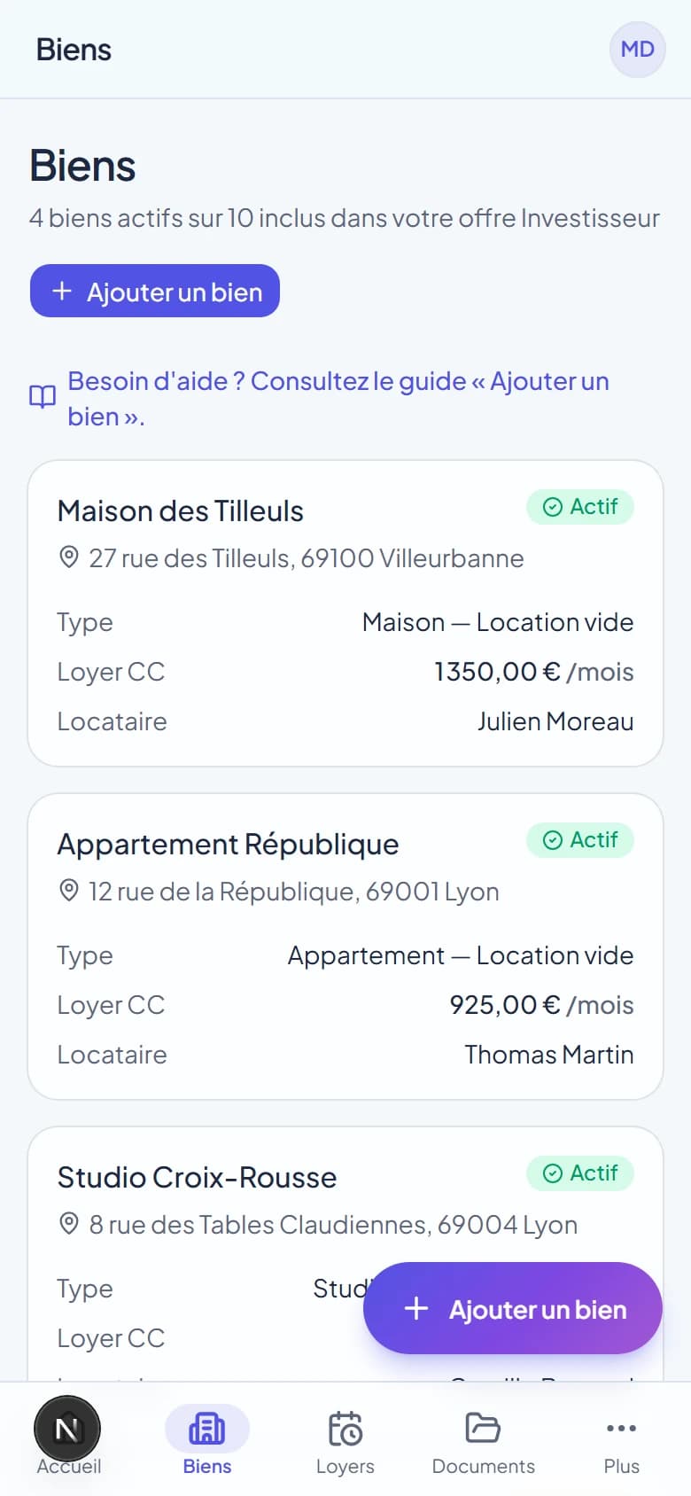 Liste des biens Bailup sur téléphone